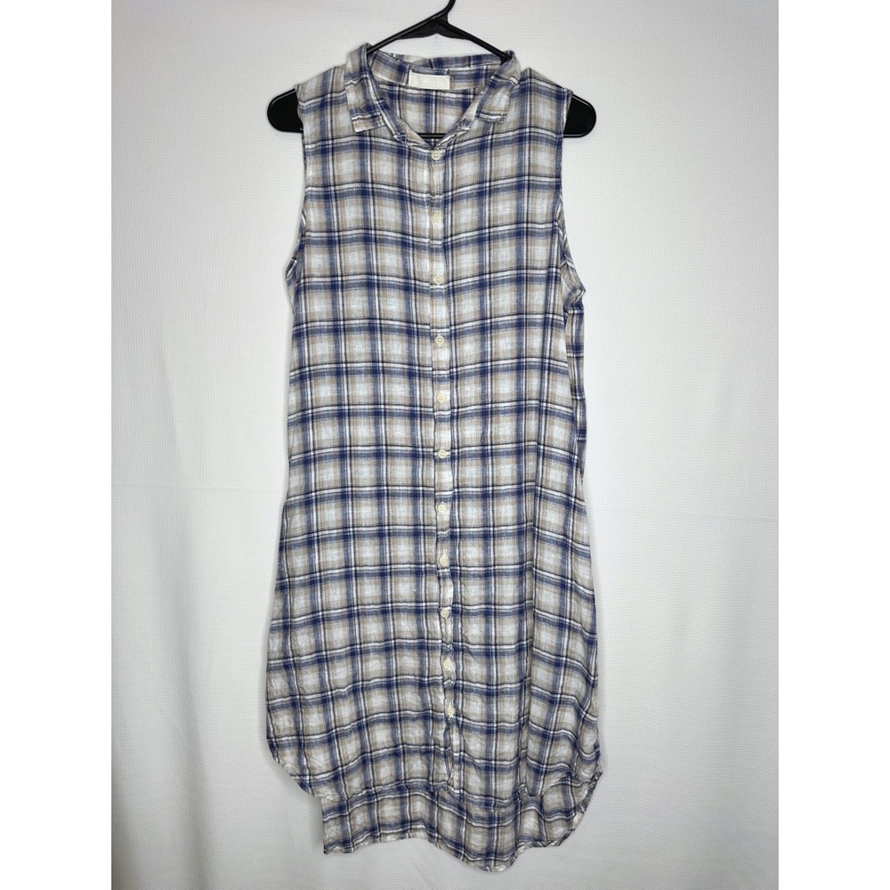CP Shades Shirt Dress Blue Tan Plaid Sleeveless Linen Button Front size Small